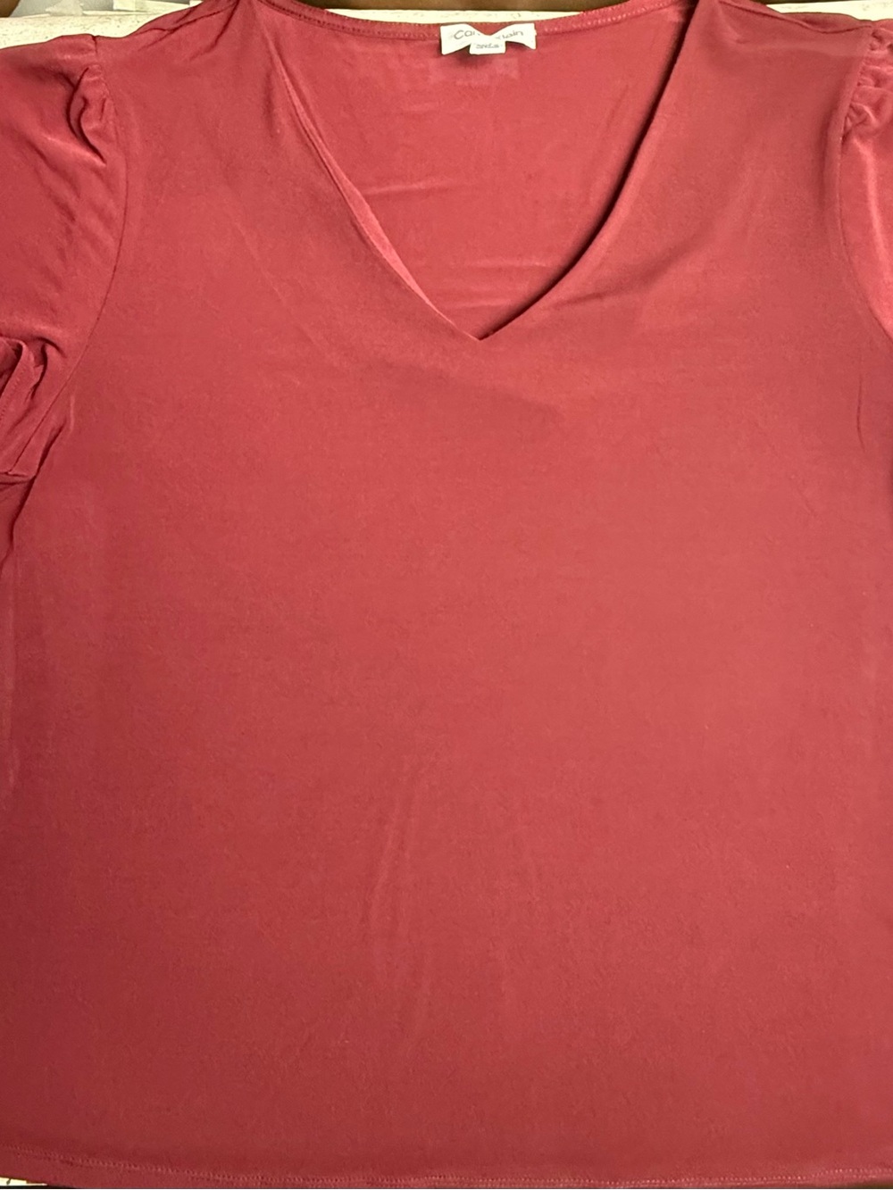 Calvin Klein Burgundy V-Neck Shirt Top Blouse Capped Sleeves Stretchy EUC XL😍